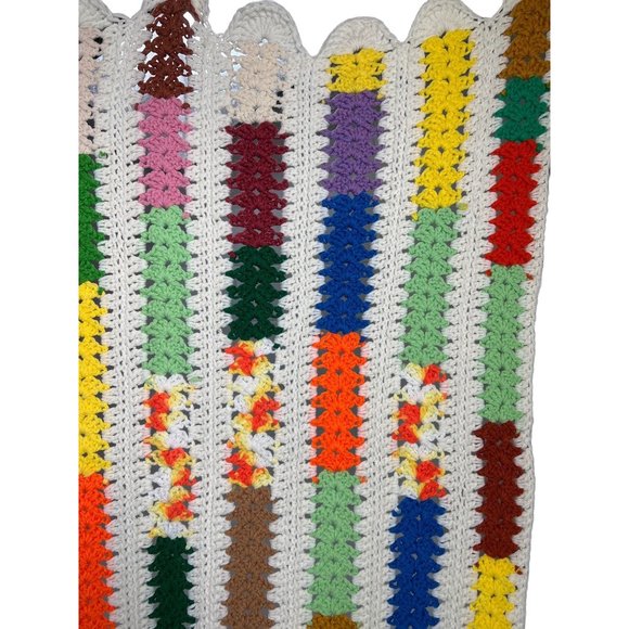 Vtg Crochet Afghan Lap Throw Bright Multi Boho Scalloped Edge Hand Made 23x37 - Picture 7 of 9